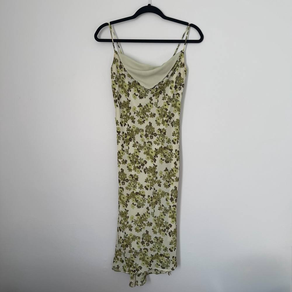 Vintage Y2K Reference Green Floral Cowl Neck Midi Slip Dress Size S